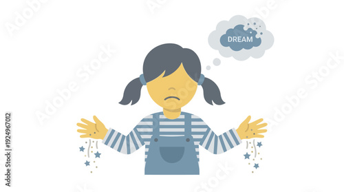 Sad little girl with empty pockets and thought bubble indicating no money.