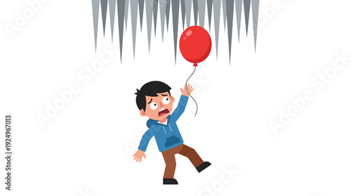 Young boy holding red balloon floating upwards with fear in his eyes.
