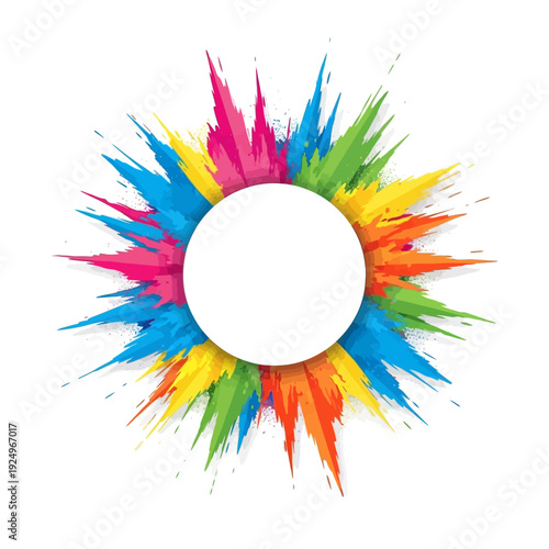 Vibrant paint splatters radiating from a circular frame in a dynamic and colorful display of artistic expression