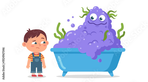 Sad Boy Looking at a Purple Monster in a Bathtub.