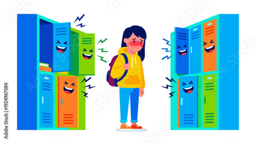 Young Girl Experiencing Bullying and Social Anxiety at School Lockers.