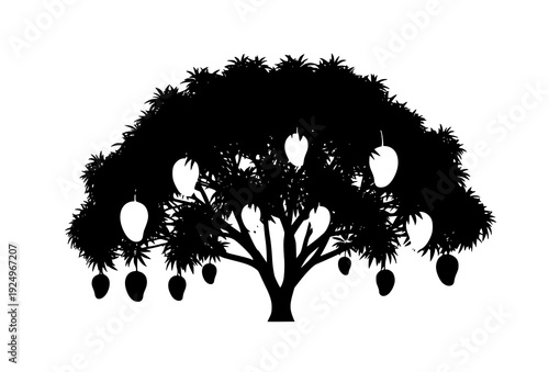 Bold Mango Tree Silhouette Black and White Tropical Fruit Vector Illustration