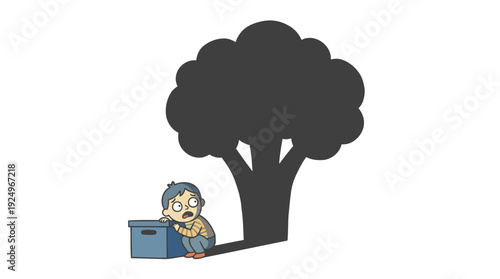 Small Scared Person Hiding Behind Box From Large Tree Shadow.