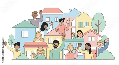 Diverse Community Celebrating Together on Rooftops of Colorful Houses with Trees Nearby