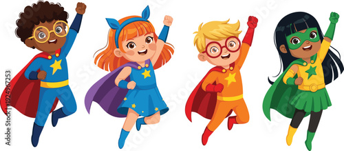 Four Diverse Cartoon Children Dressed as Superheroes Flying Keywords: superhero, children, kids, diverse, flying, cape, mask