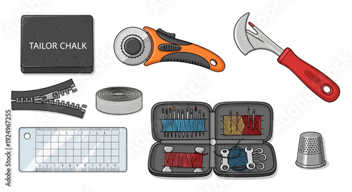 Illustration of various sewing and tailoring tools and supplies.