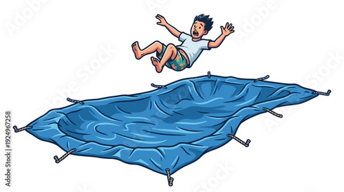 Boy Falling Downward Towards a Blue Trampoline Surface.