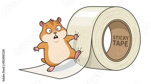 Hamster Stuck on Sticky Tape Cartoon Illustration.