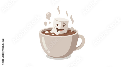 Cute Marshmallow Character Melting in Hot Chocolate Mug.
