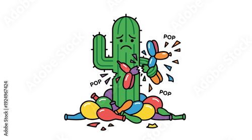 Sad Cactus Popping Colorful Balloons with Spines.