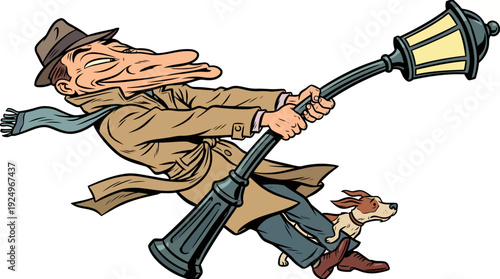 Man struggling against strong wind holding lamppost with small dog.