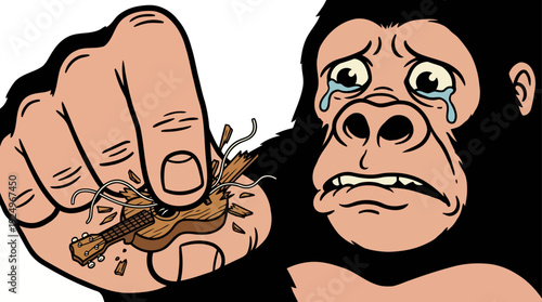 Sad Gorilla Holding Broken Tiny Guitar in Hand.