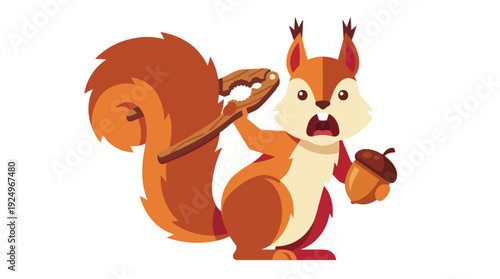 Cute Cartoon Squirrel Holding Nutcracker and Acorn Illustration.