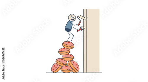 Stick man cartoon character standing on donuts trying to reach something.
