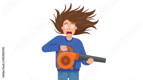 Shocked Person with Wild Hair Holding Leaf Blower.