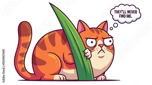 Chubby Orange Tabby Cat Hiding Behind a Green Leaf Thinking They Will Never Find Me.