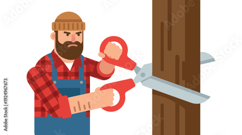 Bearded Lumberjack Trimming Tree with Large Scissors.