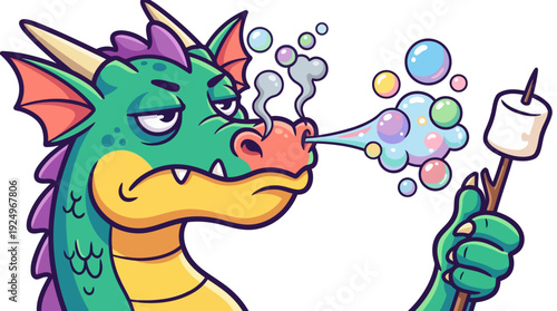 Cartoon Dragon Roasting Marshmallow with Bubble Breath.