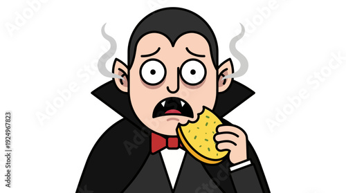 Cartoon Vampire Eating Garlic Bread with Fearful Expression.