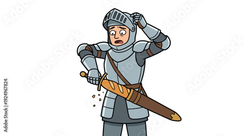 Confused Knight Scratching Head with Sword Stuck in Scabbard.