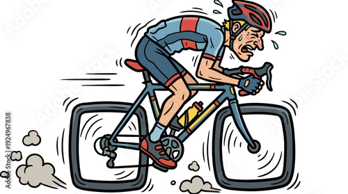 Exhausted Male Cyclist Struggling on Racing Bicycle.