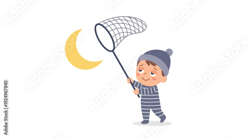 Little boy in pajamas catching the moon with a net.