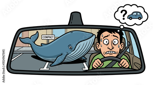 Man driving car sees large whale in his rear view mirror.
