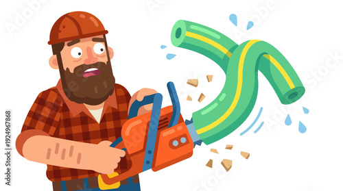 Cartoon Man with Chainsaw Accidentally Cuts Water Hose.