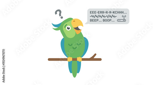 Quizzical Green Parrot Perched with Speech Bubble and Question Mark.