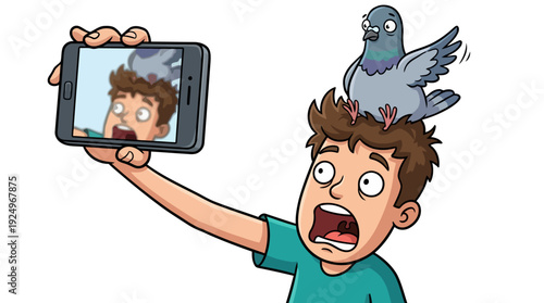 Man Reacts to Pigeon Landing on Head While Taking Selfie.