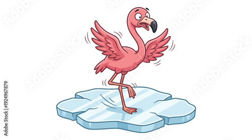 Cartoon Flamingo Standing on Ice Floe with Waving Wings.