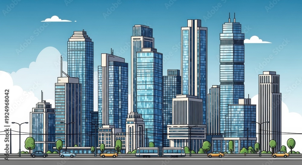 Fototapeta premium Modern Cityscape Illustration with Skyscrapers and Urban Environment.