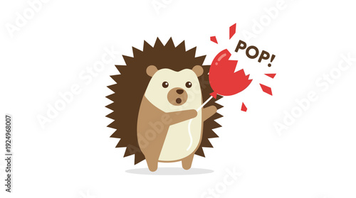 Cute Hedgehog Popping Red Balloon with Spikes Cartoon Character.