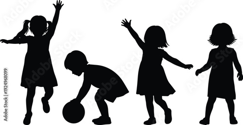 Silhouettes of children playing and jumping with ball isolated on white background, happy childhood and active lifestyle concept