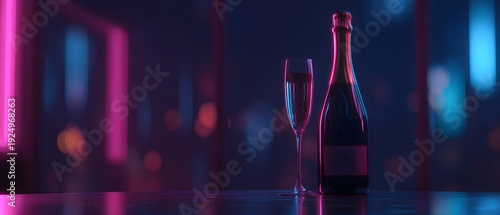 A bottle of sparkling wine and a glass stand on a table with blurred neon lights in the background