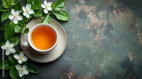 Cup of herbal tea with jasmine flowers on dark rustic background.