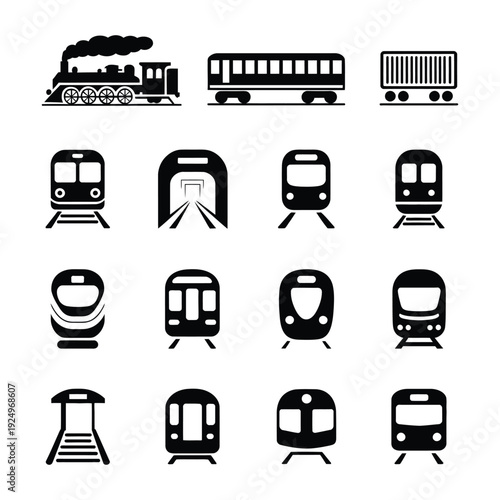 rail transport icons, black and white train railway subway tram cargo locomotive symbol pack for public transit logistics travel infrastructure and transportation design vector illustration.