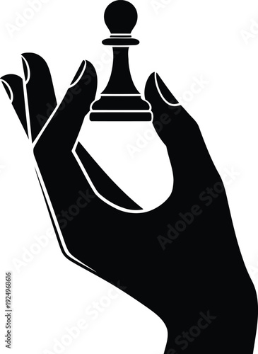 An elegant human hand silhouette gently lifts a dark chess pawn showcasing concentration and careful strategic planning