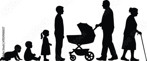 Black Silhouettes Representing the Stages of Human Life from Infancy and Childhood to Adulthood and Senior Age Isolated on White Background