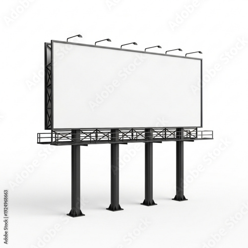 A large, empty outdoor advertising billboard with a blank white display area and multiple support posts, isolated on a white background.