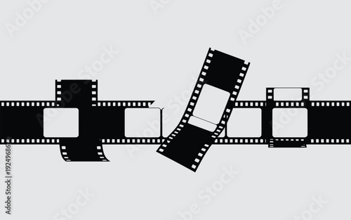 Broken film strip with a missing frame lying on the ground isolated on white background, Vector, illustration