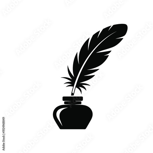 Elegant black feather quill pen resting in an inkwell isolated on white background, Vector, illustration