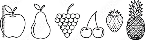 Collection of simple line art fruit icons including apple pear grapes cherries strawberry and pineapple perfect for healthy eating concepts