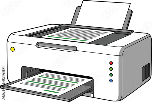 White Printer with Paper Loaded in Tray and Feeder on White Background Keywords: printer, office equipment, technology, printing