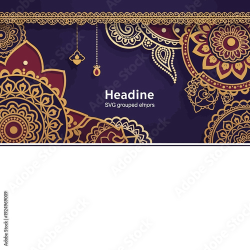 Intricate golden mandala patterns and ornaments on purple background banner with headline and grouped elements from high viewpoint