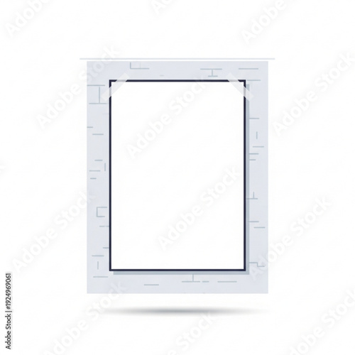 A blank white paper sheet taped inside a textured rectangular frame, isolated on a white background.