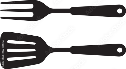 Spatula and fork icon. BBQ and grill tools. Barbecue utensil. Vector illustration.