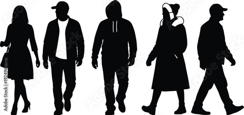 Silhouettes of diverse people walking in urban setting, isolated on white background, anonymous crowd concept illustration for lifestyle and society themes