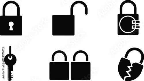 Black padlock and key icons illustrating security, privacy, and restricted access on a clean white background