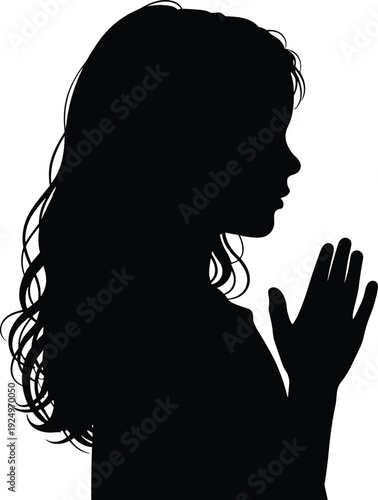 Silhouette of praying woman with hands raised in worship, isolated on white background, spiritual faith and devotion concept